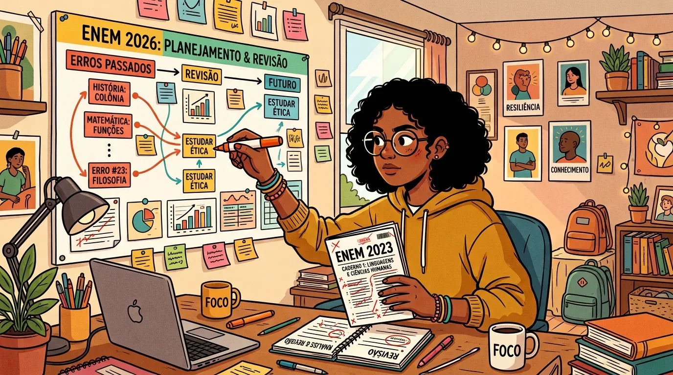 Uma estudante negra de óculos e moletom amarelo analisando uma prova corrigida, enquanto aponta para um painel na parede com o título "ENEM 2026: PLANEJAMENTO & REVISÃO", mapeando erros passados e tópicos a estudar.
