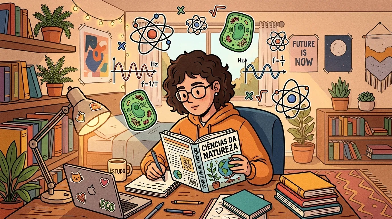 Um estudante concentrado a ler um manual de "Ciências da Natureza" à secretária, rodeado por representações gráficas flutuantes de células vegetais, átomos e fórmulas de física.