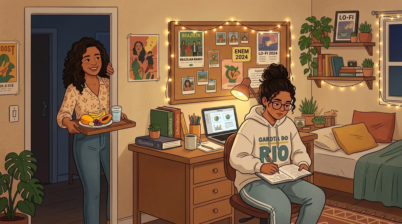Uma mãe a entrar no quarto a segurar uma bandeja com frutas frescas e um copo de água para a filha, que estuda concentrada à secretária. A jovem veste um casaco com capuz com a frase "GAROTA DO RIO" e escreve num caderno, ao lado de um portátil com gráficos, livros de Química e Literatura e um painel de cortiça com cartazes como "ENEM 2024". O quarto é aconchegante, decorado com luzes pisca-pisca e plantas.