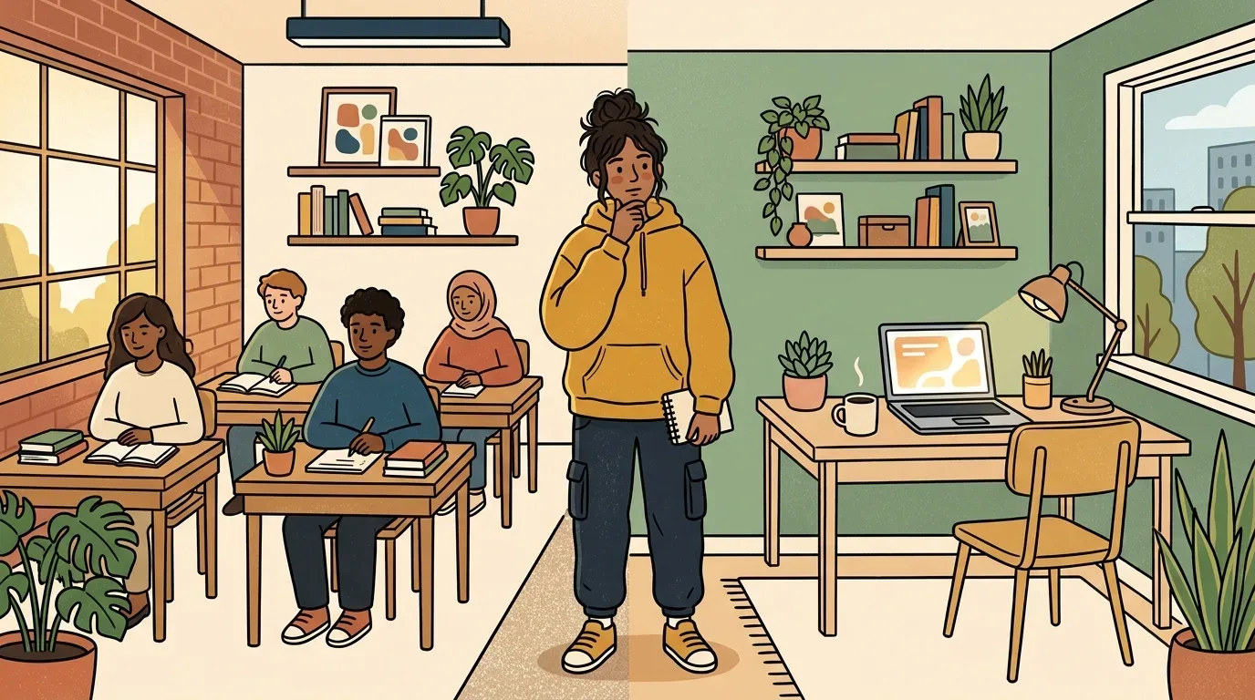 Uma pessoa jovem de casaco amarelo no centro da cena, pensativa e segurando um caderno, dividida entre dois ambientes: à esquerda, uma sala de aula tradicional com alunos estudando nas carteiras, e à direita, um espaço de estudo individual em casa com notebook sobre a mesa.