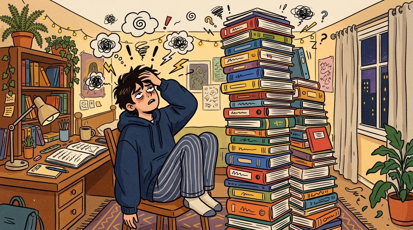 Um jovem estudante exausto e sobrecarregado sentado em seu quarto, segurando a cabeça com expressão de estresse diante de pilhas gigantescas de livros de estudo, cercado por nuvens de confusão e símbolos de dúvida flutuantes.