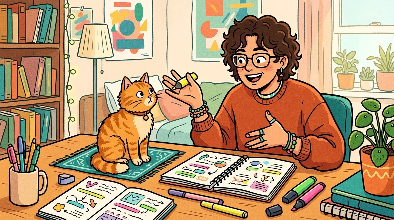 Uma estudante sorridente de óculos e camisola laranja a explicar motivadamente os seus apontamentos a um gato alaranjado sentado na secretária, rodeada de cadernos abertos com esquemas coloridos, marcadores e material de escrita.
