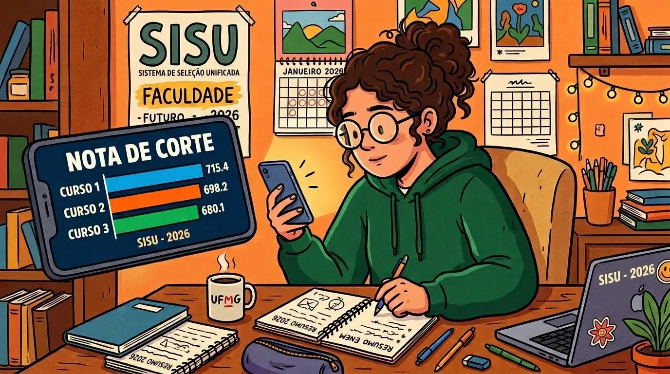 Uma estudante de óculos e casaco verde a consultar as notas de corte do SISU no telemóvel enquanto toma notas à secretária, rodeada por cadernos de estudo do ENEM, uma caneca e cartazes na parede ao fundo.