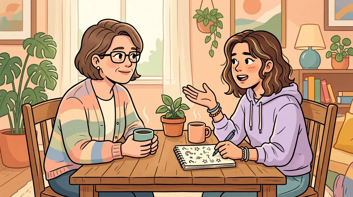 lustração de uma mãe de óculos e sua filha conversando de forma acolhedora à mesa, enquanto a jovem faz anotações em um caderno e a mãe sorri segurando uma xícara de café ou chá.