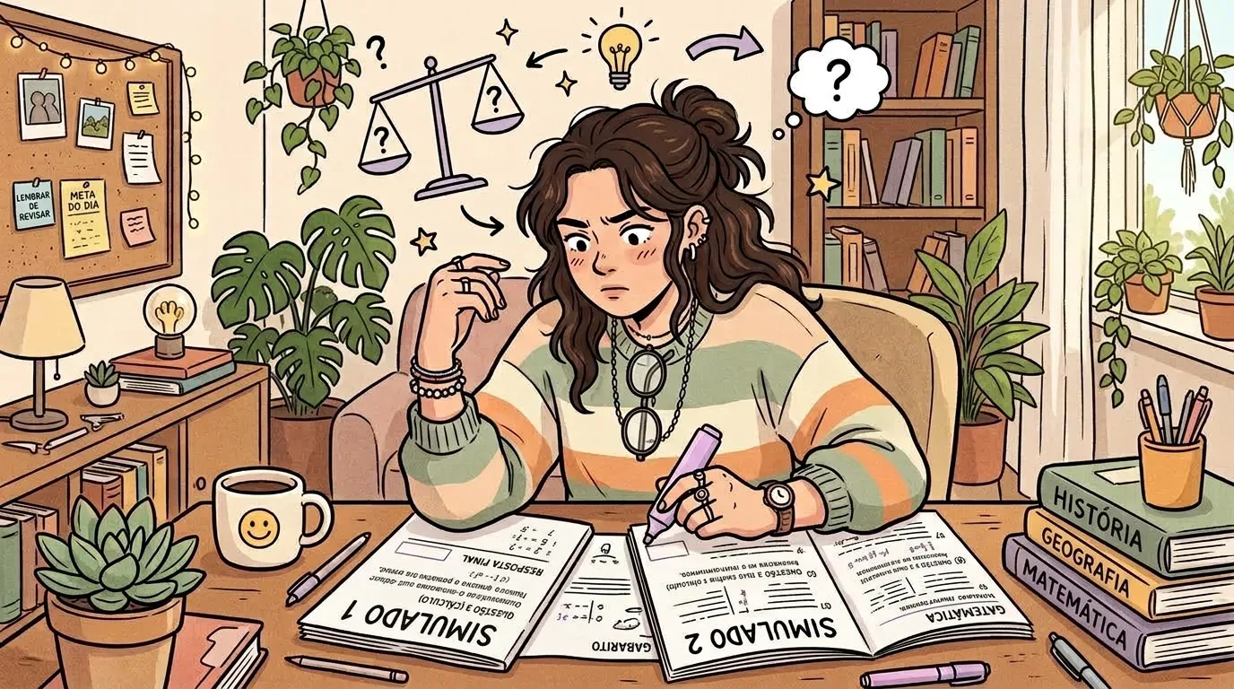Uma jovem estudante pensativa a comparar dois cadernos de exame intitulados "SIMULADO 1" e "SIMULADO 2" sobre a mesa de estudo, rodeada por pilhas de livros, plantas e ícones flutuantes de uma balança e pontos de interrogação.