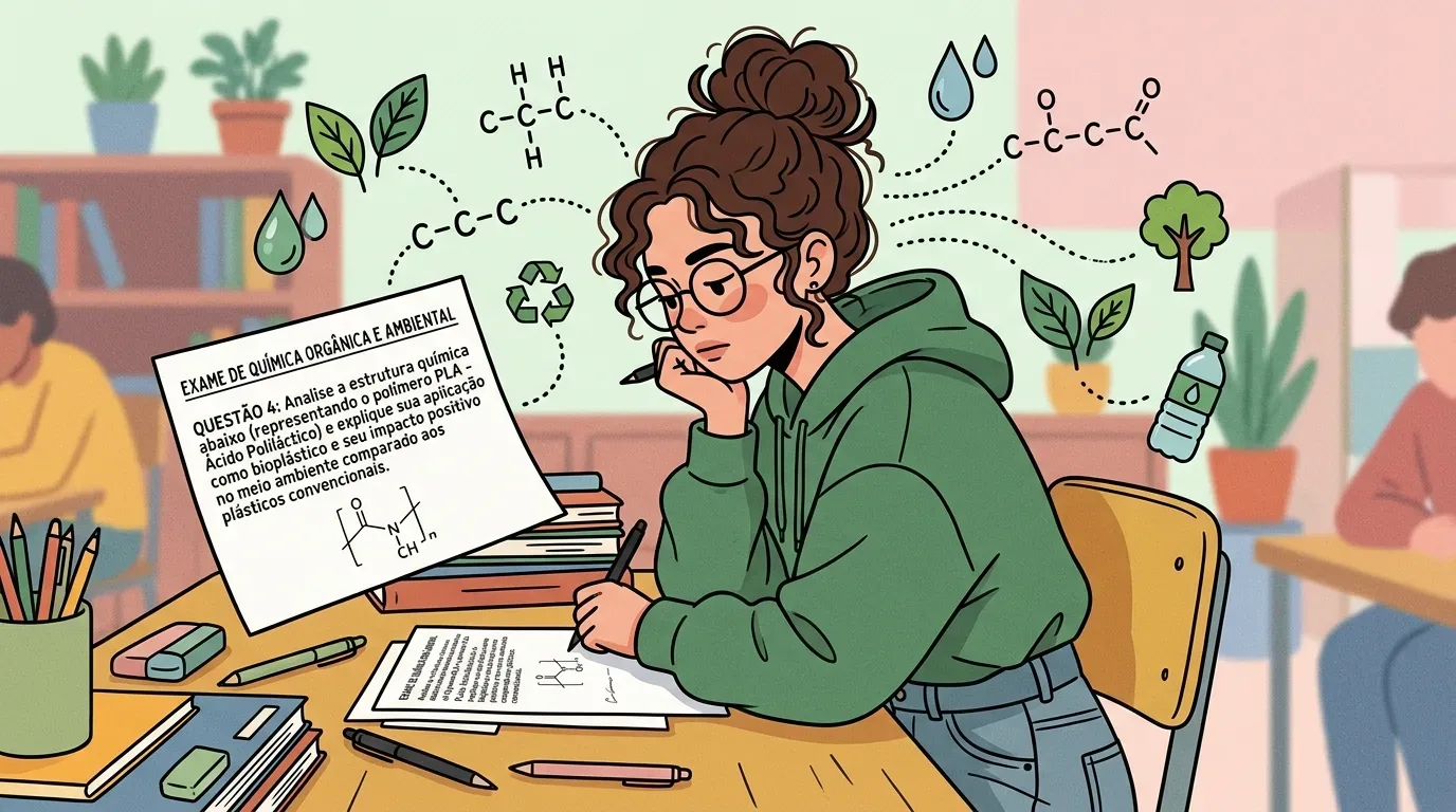 Uma jovem de óculos e casaco verde analisando pensativa uma questão de prova sobre química orgânica e ambiental, rodeada por desenhos flutuantes de cadeias de carbono, folhas e símbolos de reciclagem.