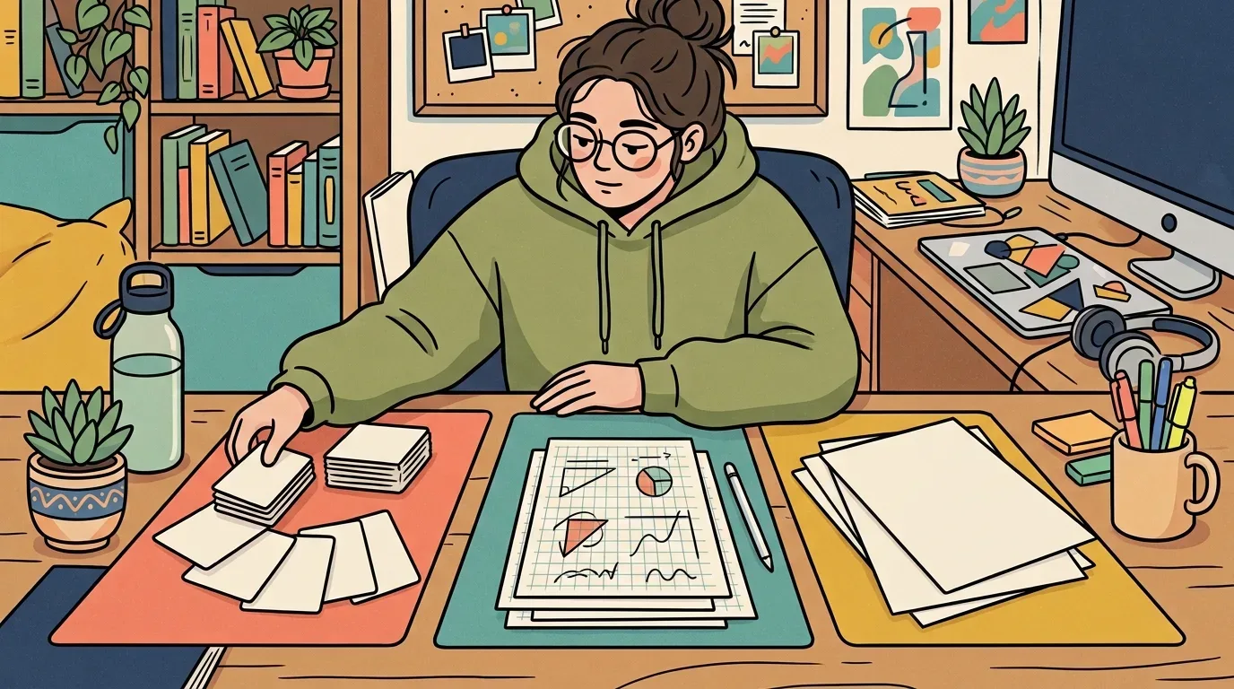 Uma estudante de óculos e casaco verde organizando o seu material sobre a mesa de estudos, manuseando cartões de memorização (flashcards) à esquerda, enquanto analisa folhas com desenhos geométricos ao centro e papéis organizados à direita.