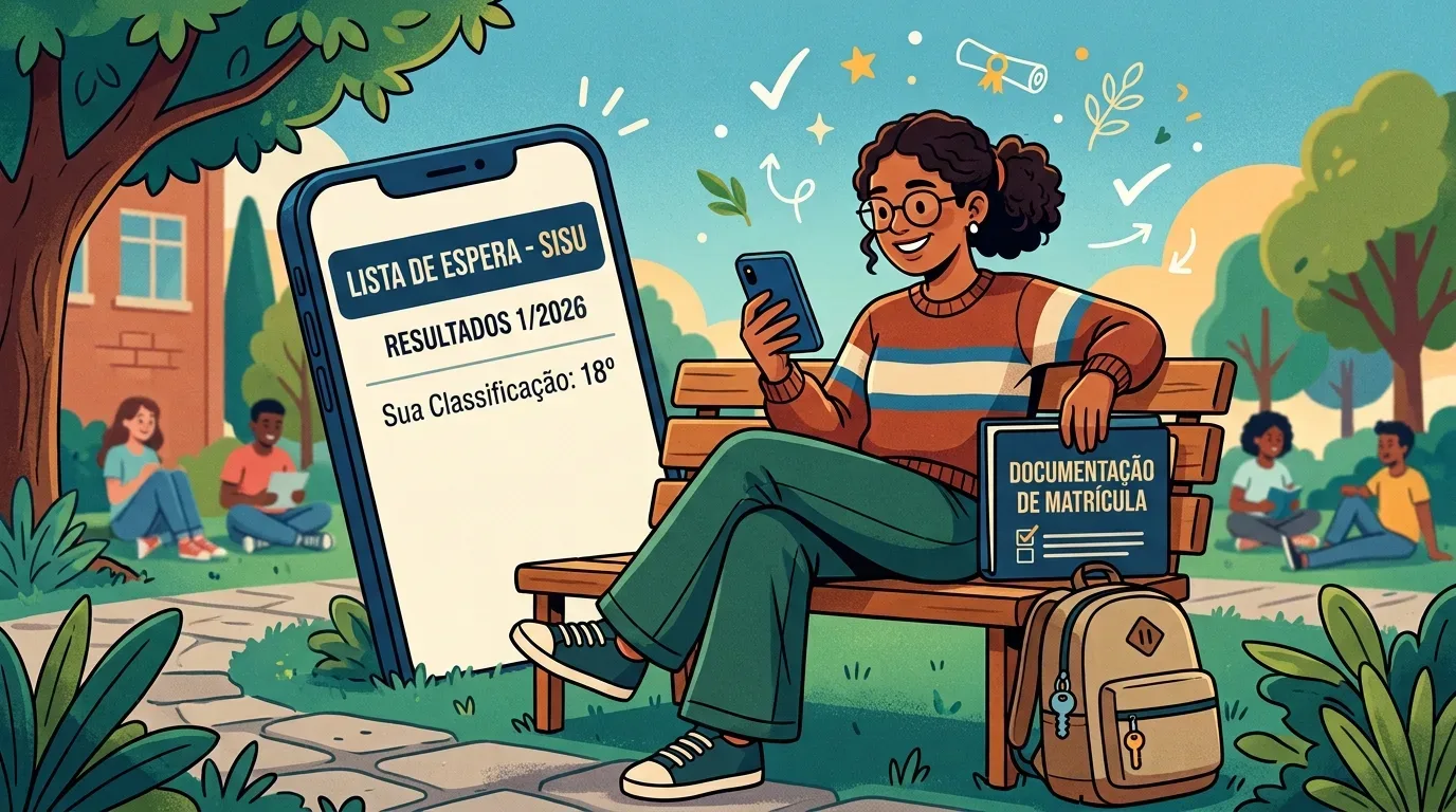 Uma jovem de óculos e cabelo cacheado presa num coque, sentada em um banco de parque ao ar livre e sorrindo ao olhar para o celular, tendo ao seu lado uma pasta com a inscrição "DOCUMENTAÇÃO DE MATRÍCULA" e uma mochila, enquanto uma tela de celular ampliada exibe "LISTA DE ESPERA - SISU", "RESULTADOS 1/2026" e "Sua Classificação: 18º".