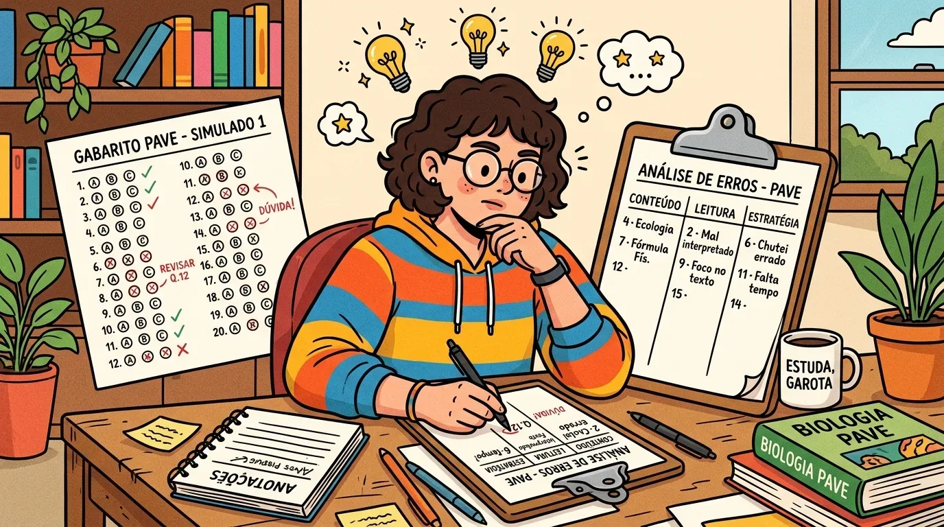 Uma jovem de óculos analisando o gabarito de um simulado e anotando o diagnóstico em uma prancheta de "ANÁLISE DE ERROS - PAVE", dividida entre falhas de conteúdo, leitura e estratégia.