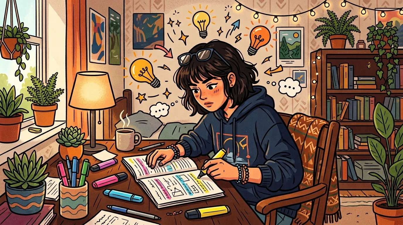 Uma estudante focada utilizando um marca-texto amarelo em seu caderno de estudos, cercada por canetas coloridas, plantas e ilustrações flutuantes de lâmpadas acesas simbolizando ideias.