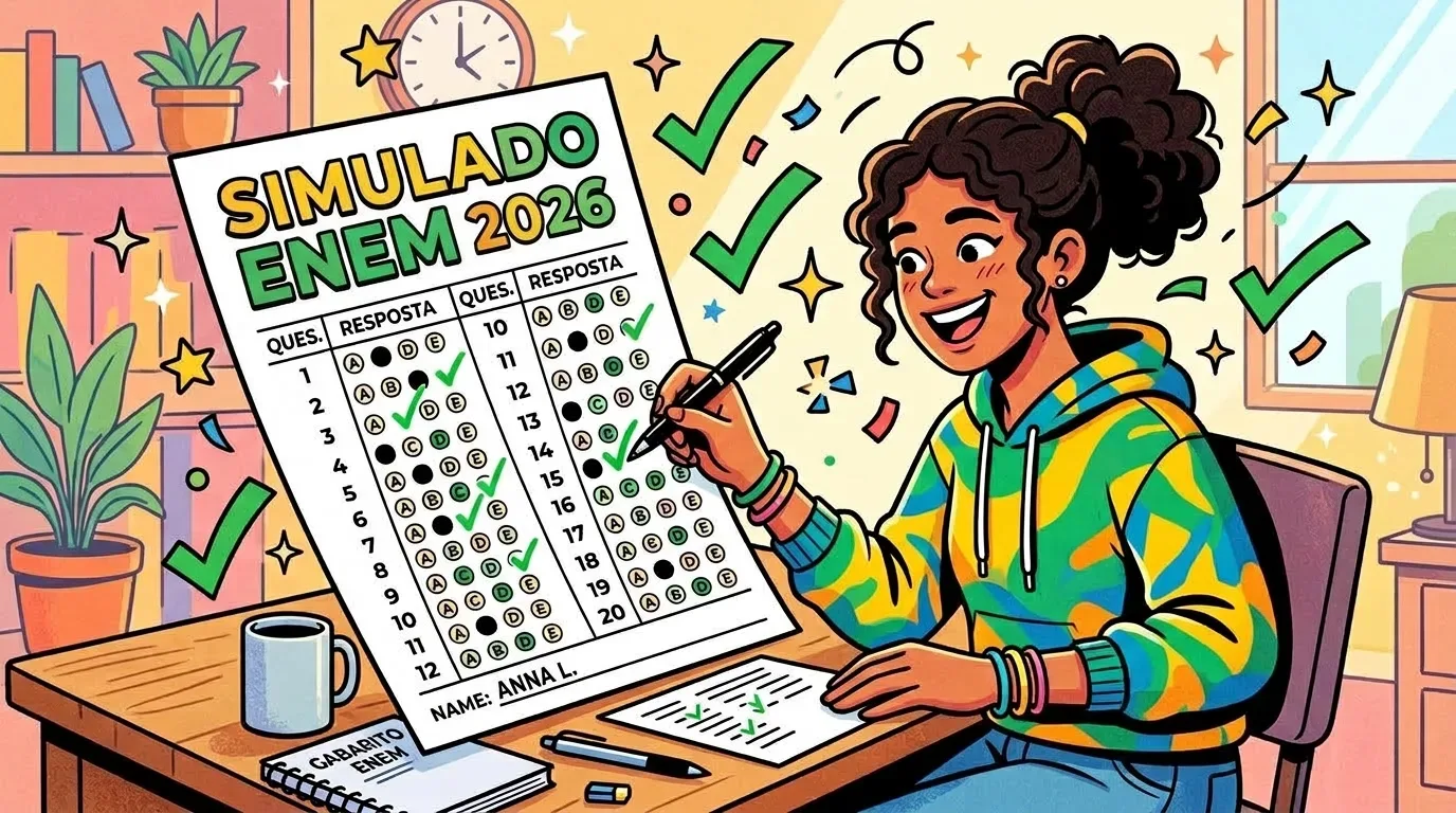 Uma estudante sorridente a conferir uma folha de respostas de um "Simulado ENEM 2026" com uma caneta, assinalando certas com símbolos de verificação verdes sobre a secretária de estudo.