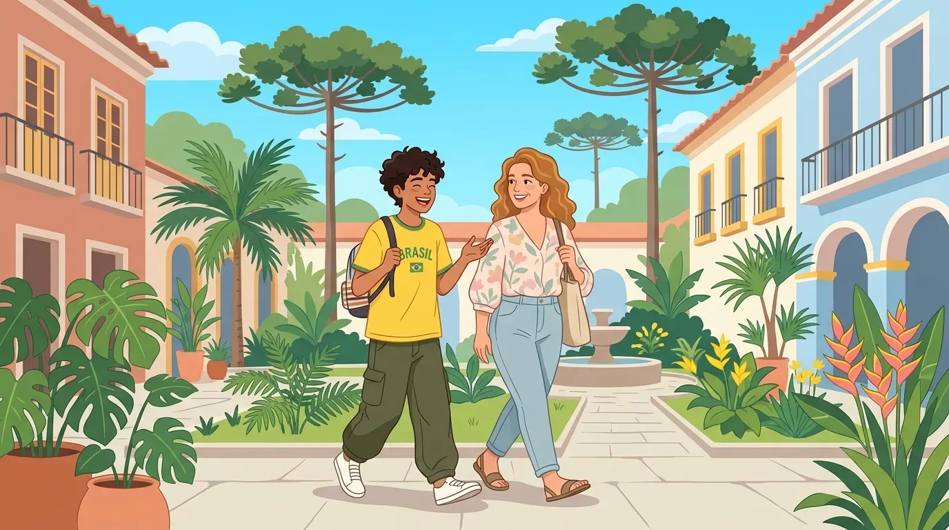 Um jovem e de uma mulher a caminhar lado a lado enquanto conversam alegremente num pátio ao ar livre. O rapaz veste uma t-shirt amarela com a palavra "BRASIL" e calças verdes, enquanto a mulher veste uma blusa florida e calças de ganga. O cenário combina edifícios de estilo colonial com varandas, um chafariz ao centro, plantas tropicais e araucárias sob um céu ensolarado.