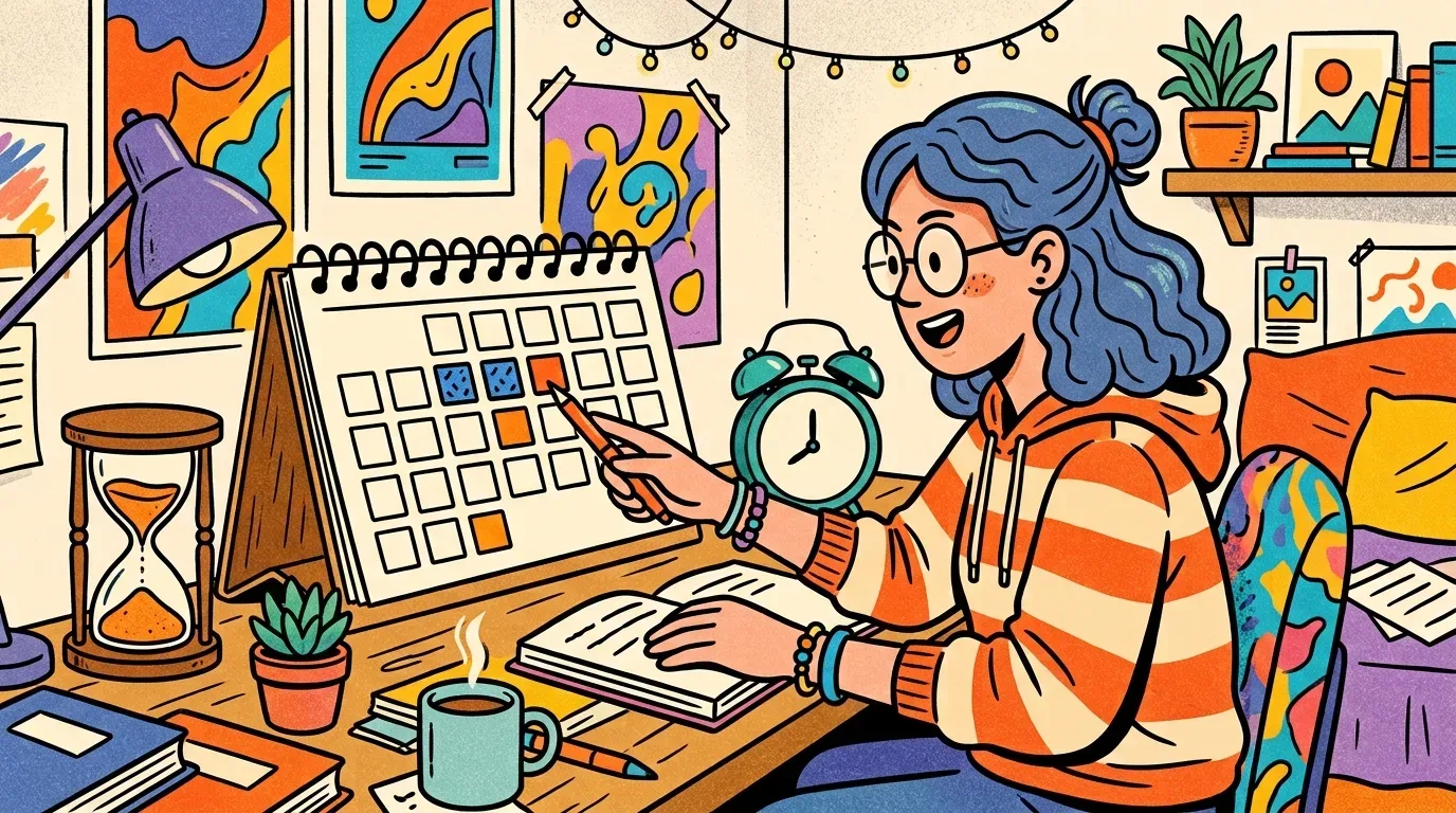Uma jovem de cabelo azul e casaco às riscas a apontar animadamente com uma caneta para uma data marcada num calendário de mesa, ao lado de um despertador, de uma ampulheta e de um caderno de estudo.