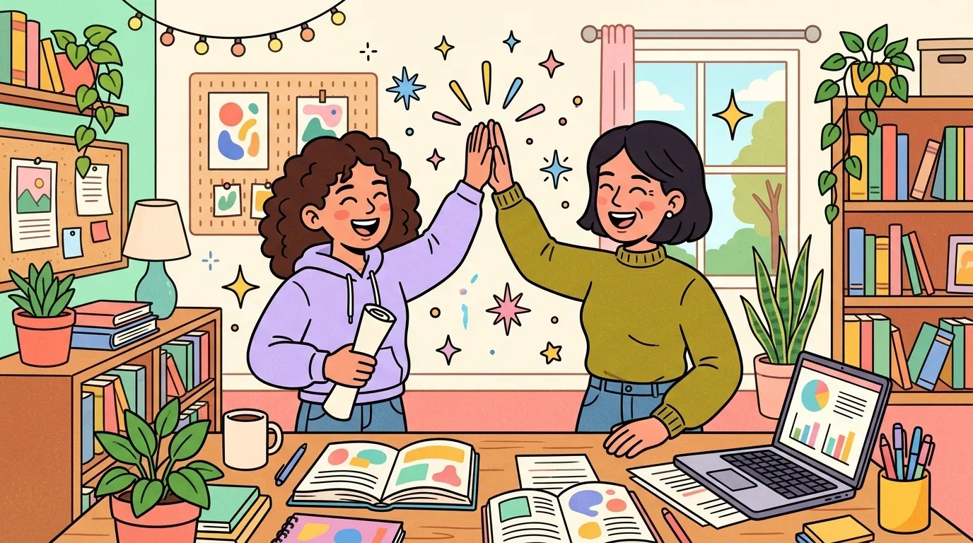 Uma estudante e sua mãe comemorando alegremente com um toca-aqui (high five) sobre a mesa de estudos repleta de livros e um notebook, com a jovem segurando um documento enrolado.