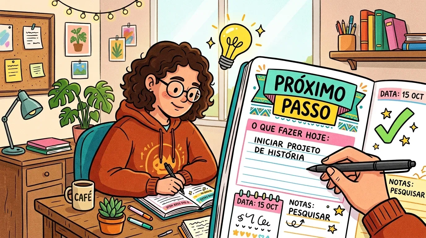 Uma estudante de óculos e casaco com capuz a escrever à secretária, enquanto em primeiro plano uma mão regista tarefas num planner aberto com os destaques "PRÓXIMO PASSO", "INICIAR PROJETO DE HISTÓRIA" e "NOTAS: PESQUISAR", sob uma lâmpada a acender-se sobre a sua cabeça.