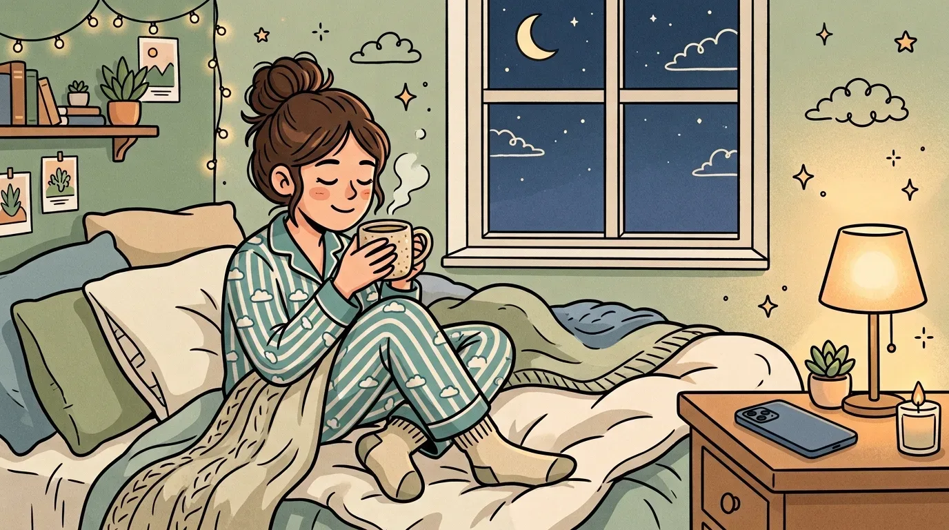 Uma jovem de pijama listrado sentada confortavelmente na cama à noite, sorrindo de olhos fechados enquanto segura uma caneca de chá fumegante com as duas mãos, sob a luz suave de um abajur e com a lua visível pela janela.