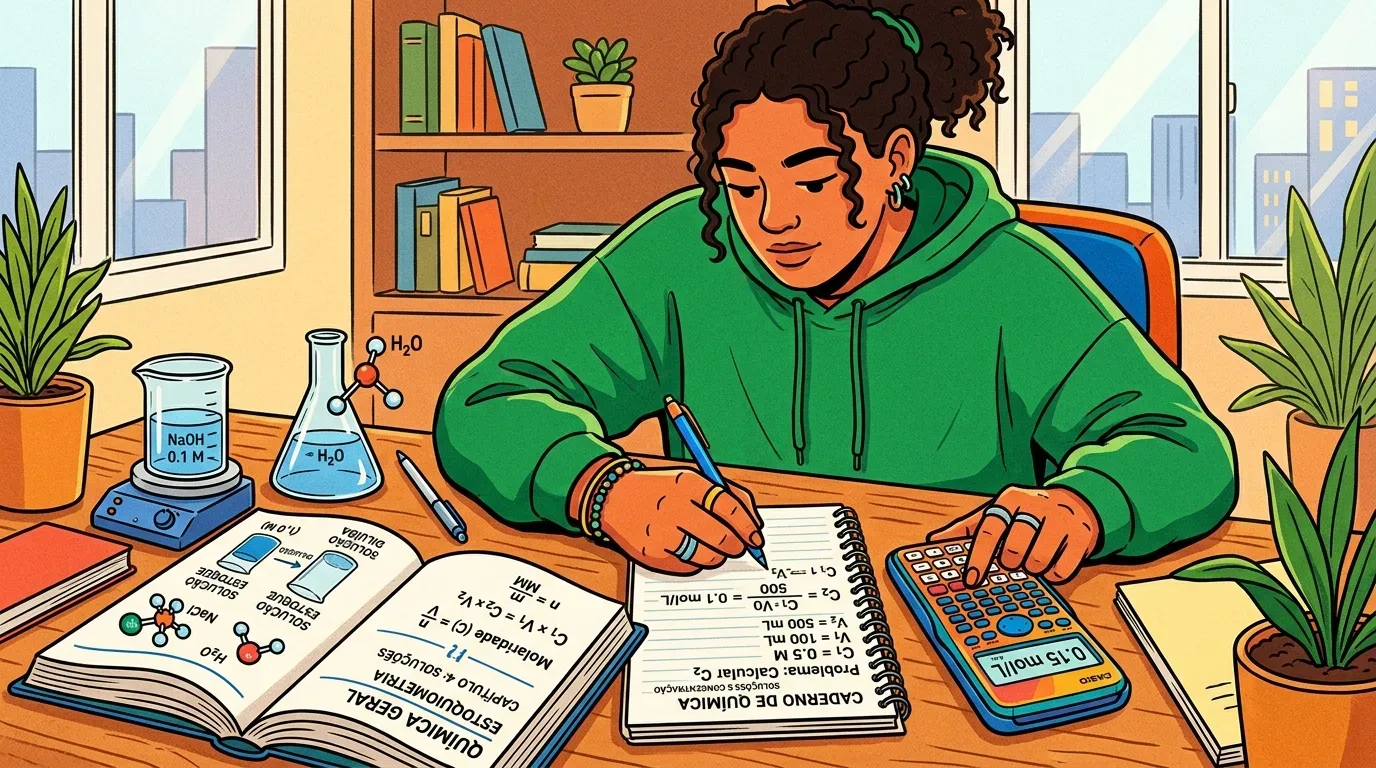 Uma estudante de moletom verde concentrada resolvendo cálculos de concentração em seu caderno com o auxílio de uma calculadora, tendo à mesa um livro aberto sobre estoquiometria e vidrarias com soluções de laboratório.