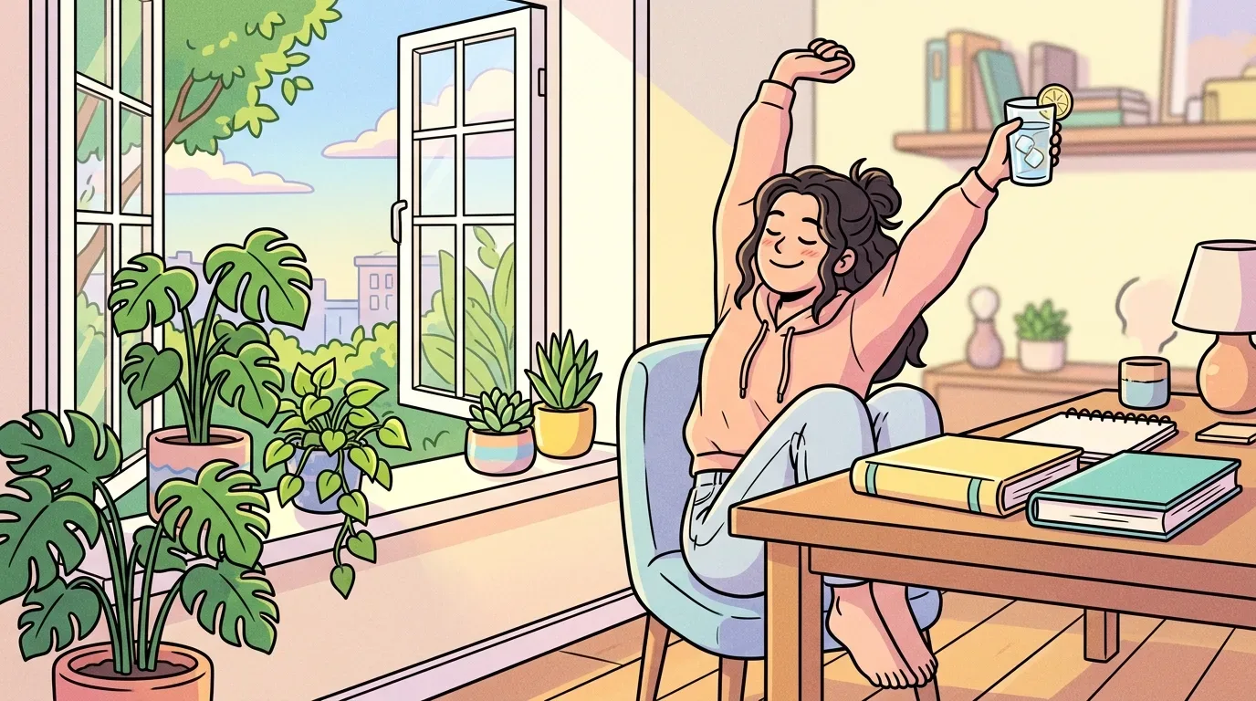 Uma estudante espreguiçando-se na cadeira de estudos enquanto segura um copo de água com limão, ao lado de uma janela aberta repleta de plantas e de uma mesa com livros