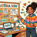 Uma jovem sorridente de casaco colorido apresentando com entusiasmo um painel de cortiça intitulado "ESTRATÉGIA SISU", preenchido com lembretes de metas, datas de inscrição e opções de faculdades, ao lado de sua mesa de estudos com um notebook aberto.