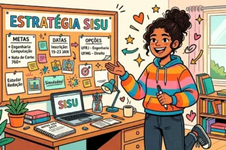 Uma jovem sorridente de casaco colorido apresentando com entusiasmo um painel de cortiça intitulado "ESTRATÉGIA SISU", preenchido com lembretes de metas, datas de inscrição e opções de faculdades, ao lado de sua mesa de estudos com um notebook aberto.