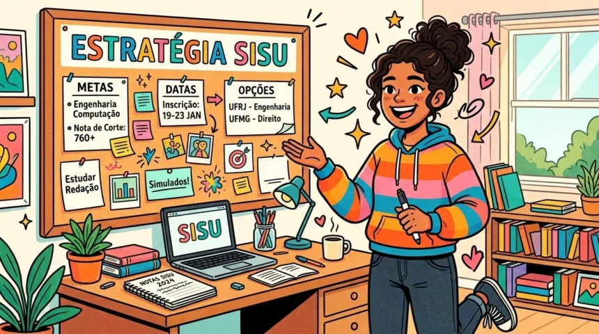Uma jovem sorridente de casaco colorido apresentando com entusiasmo um painel de cortiça intitulado "ESTRATÉGIA SISU", preenchido com lembretes de metas, datas de inscrição e opções de faculdades, ao lado de sua mesa de estudos com um notebook aberto.