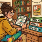 Uma estudante de óculos e moletom amarelo acompanhando seu desempenho em um tablet que exibe o "PROGRESSO GERAL DAS ETAPAS", ao lado de pastas empilhadas marcadas como "ETAPA 1", "ETAPA 2" e "ETAPA 3" sobre a escrivaninha.
