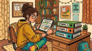 Uma estudante de óculos e moletom amarelo acompanhando seu desempenho em um tablet que exibe o "PROGRESSO GERAL DAS ETAPAS", ao lado de pastas empilhadas marcadas como "ETAPA 1", "ETAPA 2" e "ETAPA 3" sobre a escrivaninha.