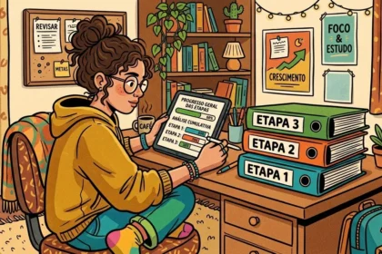 Uma estudante de óculos e moletom amarelo acompanhando seu desempenho em um tablet que exibe o "PROGRESSO GERAL DAS ETAPAS", ao lado de pastas empilhadas marcadas como "ETAPA 1", "ETAPA 2" e "ETAPA 3" sobre a escrivaninha.
