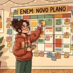 Uma jovem de óculos colando um bloco de notas amarelo em um grande organizador de parede intitulado "ENEM: NOVO PLANO", preenchido com fichas coloridas e símbolos de tarefas concluídas.