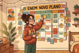 Uma jovem de óculos colando um bloco de notas amarelo em um grande organizador de parede intitulado "ENEM: NOVO PLANO", preenchido com fichas coloridas e símbolos de tarefas concluídas.