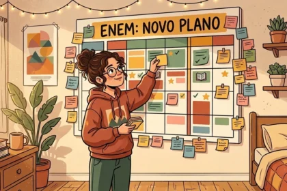 Uma jovem de óculos colando um bloco de notas amarelo em um grande organizador de parede intitulado "ENEM: NOVO PLANO", preenchido com fichas coloridas e símbolos de tarefas concluídas.