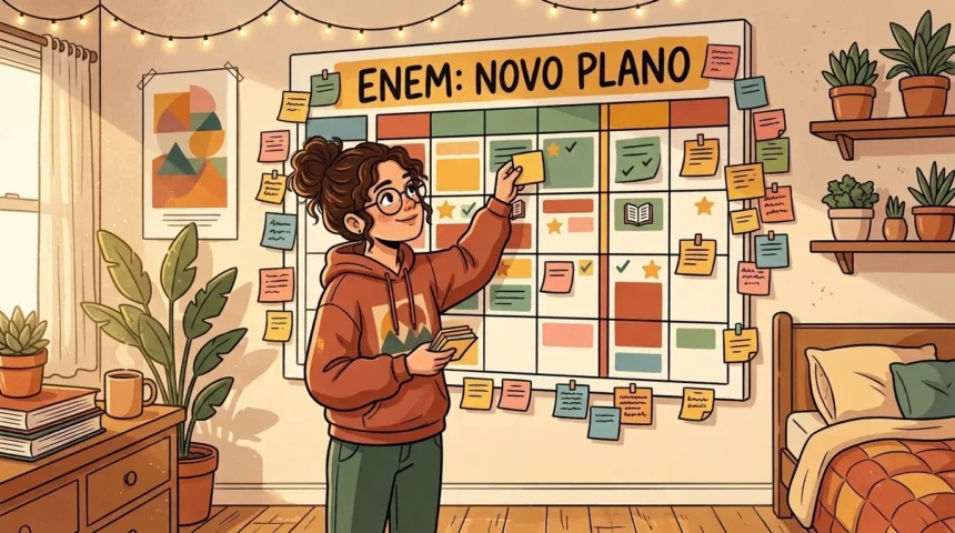 Uma jovem de óculos colando um bloco de notas amarelo em um grande organizador de parede intitulado "ENEM: NOVO PLANO", preenchido com fichas coloridas e símbolos de tarefas concluídas.