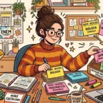 Uma jovem de óculos e cabelo apanhado a organizar fichas de revisão por disciplinas — como Biologia, Matemática e Química — numa caixa de arquivo intitulada para revisão urgente.