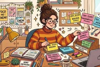 Uma jovem de óculos e cabelo apanhado a organizar fichas de revisão por disciplinas — como Biologia, Matemática e Química — numa caixa de arquivo intitulada para revisão urgente.