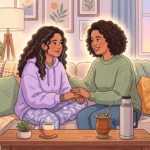 Ilustração acolhedora de uma mãe e filha sentadas juntas num sofá, a dar as mãos e a conversar carinhosamente, envoltas num brilho suave de luz quente. Em frente, na mesa de centro, encontram-se uma cuia de chimarrão com garrafa térmica e uma chávena. A sala de estar é acolhedora, decorada com quadros, plantas de interior e um candeeiro de pé.