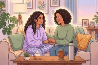 Ilustração acolhedora de uma mãe e filha sentadas juntas num sofá, a dar as mãos e a conversar carinhosamente, envoltas num brilho suave de luz quente. Em frente, na mesa de centro, encontram-se uma cuia de chimarrão com garrafa térmica e uma chávena. A sala de estar é acolhedora, decorada com quadros, plantas de interior e um candeeiro de pé.
