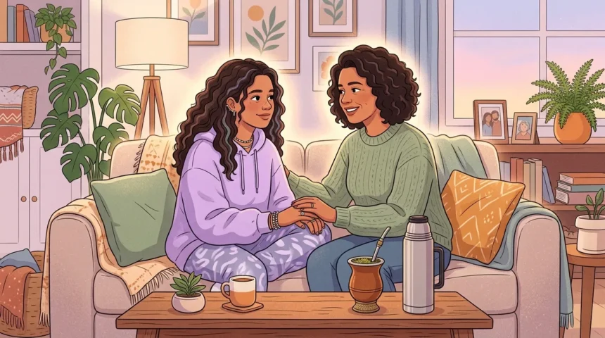 Ilustração acolhedora de uma mãe e filha sentadas juntas num sofá, a dar as mãos e a conversar carinhosamente, envoltas num brilho suave de luz quente. Em frente, na mesa de centro, encontram-se uma cuia de chimarrão com garrafa térmica e uma chávena. A sala de estar é acolhedora, decorada com quadros, plantas de interior e um candeeiro de pé.