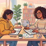 Uma estudante tirando dúvidas e recebendo orientação de uma tutora de óculos e cabelo cacheado, ambas sentadas a uma mesa de estudos em uma biblioteca iluminada com livros e plantas ao fundo.