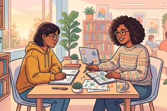 Uma estudante tirando dúvidas e recebendo orientação de uma tutora de óculos e cabelo cacheado, ambas sentadas a uma mesa de estudos em uma biblioteca iluminada com livros e plantas ao fundo.