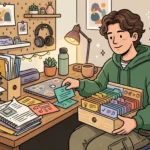 Um estudante sorridente sentado à escrivaninha organizando fichas de estudo coloridas em uma caixa de arquivo de madeira, rodeado por livros, cadernos e um painel organizado.