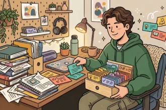Um estudante sorridente sentado à escrivaninha organizando fichas de estudo coloridas em uma caixa de arquivo de madeira, rodeado por livros, cadernos e um painel organizado.
