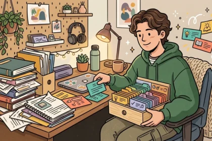 Um estudante sorridente sentado à escrivaninha organizando fichas de estudo coloridas em uma caixa de arquivo de madeira, rodeado por livros, cadernos e um painel organizado.