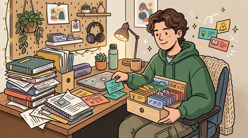 Um estudante sorridente sentado à escrivaninha organizando fichas de estudo coloridas em uma caixa de arquivo de madeira, rodeado por livros, cadernos e um painel organizado.