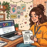 Uma jovem de casaco amarelo a examinar com satisfação a sua folha de notas do ENEM, tendo em frente o computador portátil aberto na página oficial do SISU.