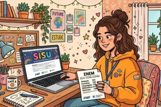 Uma jovem de casaco amarelo a examinar com satisfação a sua folha de notas do ENEM, tendo em frente o computador portátil aberto na página oficial do SISU.
