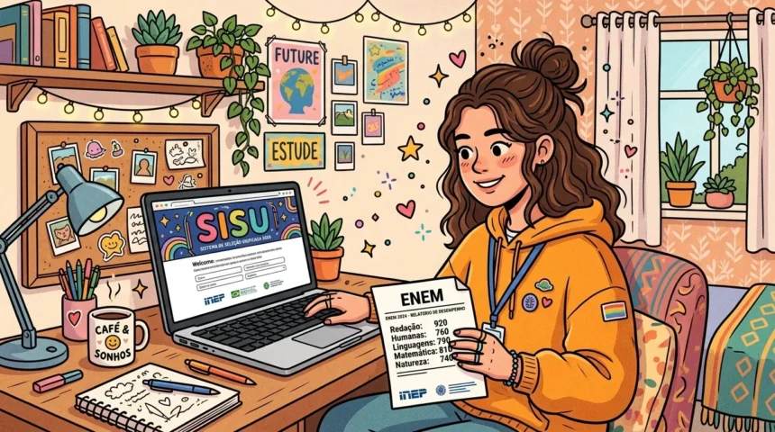 Uma jovem de casaco amarelo a examinar com satisfação a sua folha de notas do ENEM, tendo em frente o computador portátil aberto na página oficial do SISU.