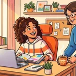 Uma mãe servindo carinhosamente uma caneca fumegante para a filha sorridente, que estuda na escrivaninha acompanhada de um notebook e livros abertos.