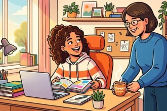 Uma mãe servindo carinhosamente uma caneca fumegante para a filha sorridente, que estuda na escrivaninha acompanhada de um notebook e livros abertos.