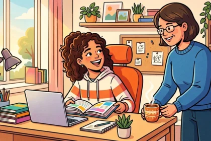 Uma mãe servindo carinhosamente uma caneca fumegante para a filha sorridente, que estuda na escrivaninha acompanhada de um notebook e livros abertos.