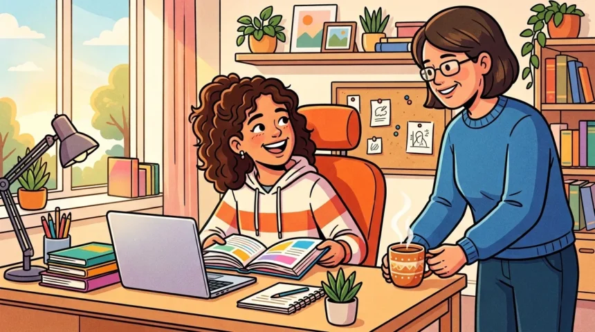 Uma mãe servindo carinhosamente uma caneca fumegante para a filha sorridente, que estuda na escrivaninha acompanhada de um notebook e livros abertos.
